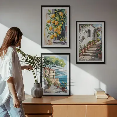 Three-piece wall art set featuring lemons, flowers, and sea views
