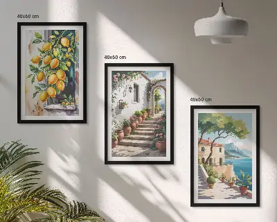 Three-piece wall art set featuring lemons, flowers, and sea views