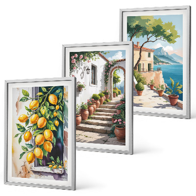 Three-piece wall art piece Lemons, flowers, sea views