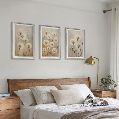 Set of 3 framed wall art pieces White dandelions on a light background