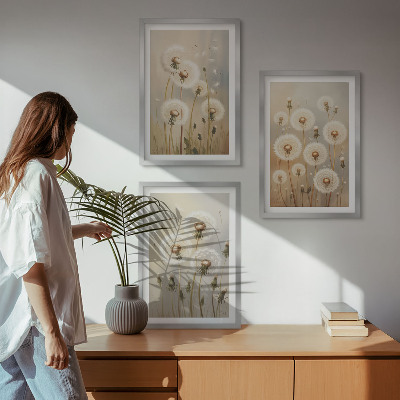Set of 3 framed wall art pieces White dandelions on a light background