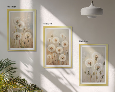 Set of 3 framed wall art pieces White dandelions on a light background