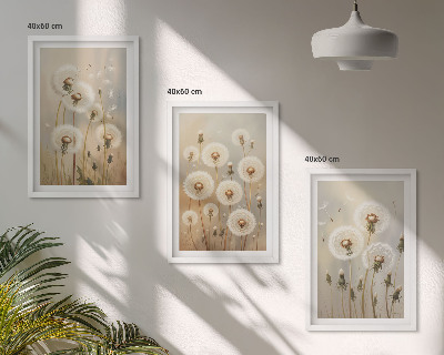 Set of 3 framed wall art pieces White dandelions on a light background