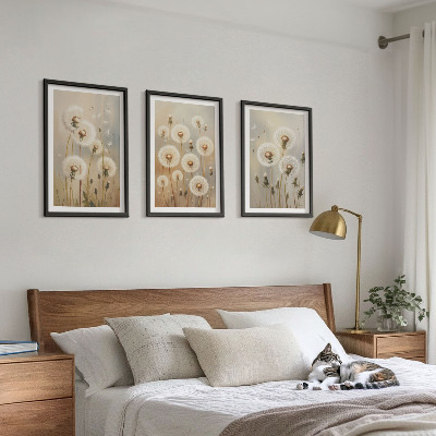 Set of 3 framed wall art pieces White dandelions on a light background