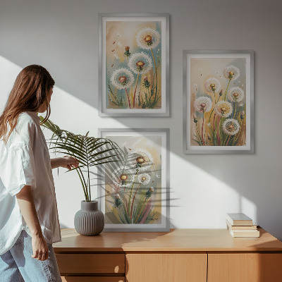 Three-piece wall art piece Dandelion flowers pastel grasses