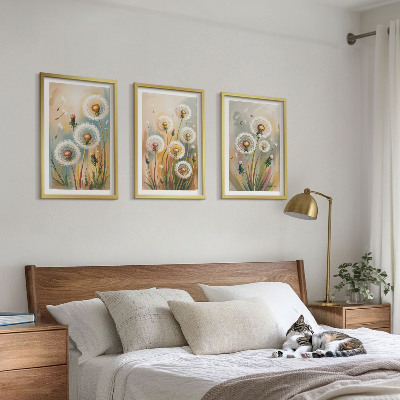 Three-piece wall art piece Dandelion flowers pastel grasses