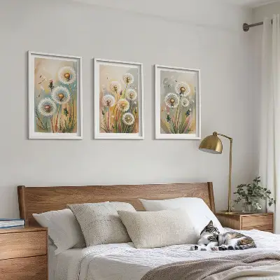 Three-piece wall art set dandelion flowers and pastel grasses print