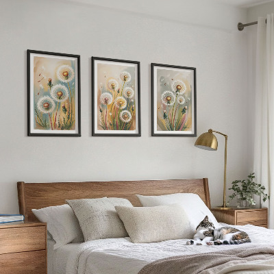 Three-piece wall art piece Dandelion flowers pastel grasses