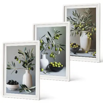 Set of 3 framed wall art pieces featuring olives in subdued vases