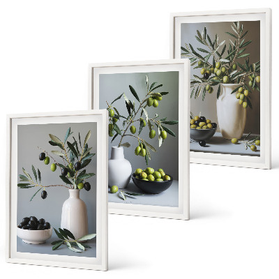 Set of 3 framed wall art pieces Olives in subdued vases