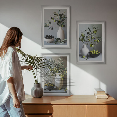 Set of 3 framed wall art pieces Olives in subdued vases