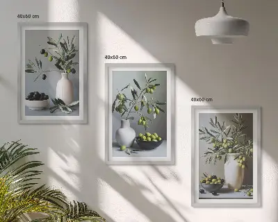Set of 3 framed wall art pieces featuring olives in subdued vases