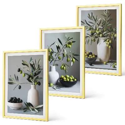 Set of 3 framed wall art pieces featuring olives in subdued vases
