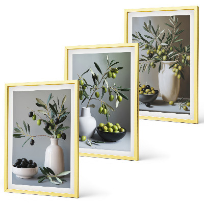 Set of 3 framed wall art pieces Olives in subdued vases