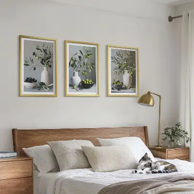 Set of 3 framed wall art pieces featuring olives in subdued vases