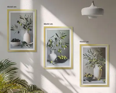 Set of 3 framed wall art pieces featuring olives in subdued vases