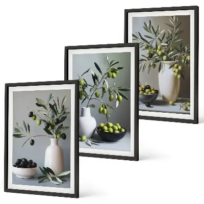 Set of 3 framed wall art pieces featuring olives in subdued vases