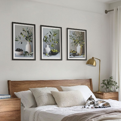 Set of 3 framed wall art pieces Olives in subdued vases
