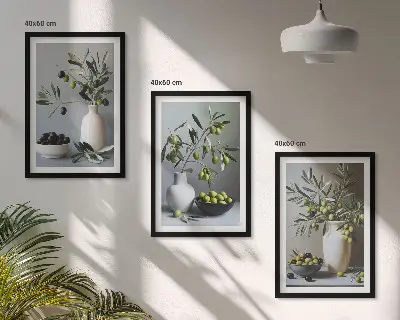 Set of 3 framed wall art pieces featuring olives in subdued vases