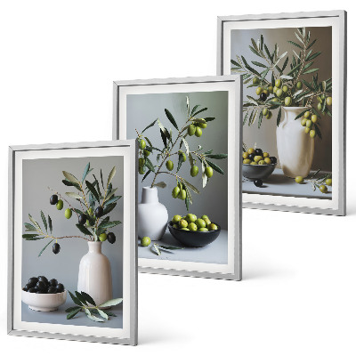 Set of 3 framed wall art pieces Olives in subdued vases