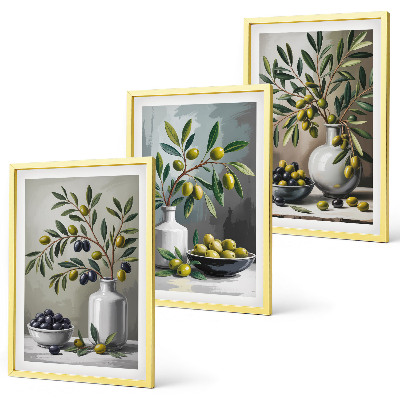 Three-piece wall art piece Ceramic olives gray