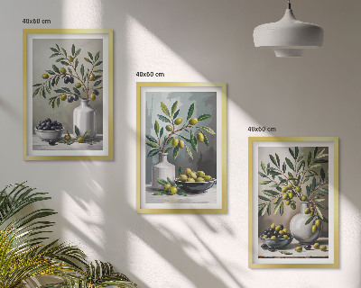 Three-piece wall art piece Ceramic olives gray