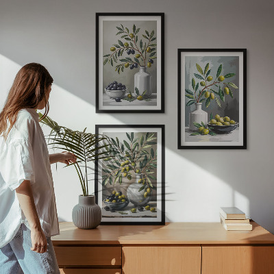 Three-piece wall art piece Ceramic olives gray