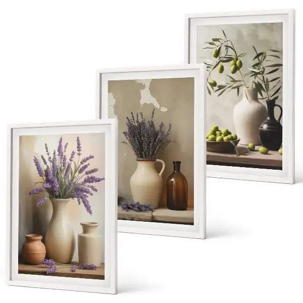 Set of 3 framed wall art pieces featuring flowers in vases and olive plant decorations