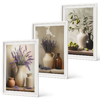 Set of 3 framed wall art pieces Flowers in vases olives decorations