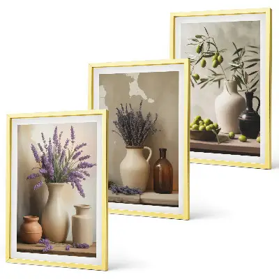 Set of 3 framed wall art pieces featuring flowers in vases and olive plant decorations