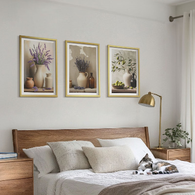 Set of 3 framed wall art pieces Flowers in vases olives decorations