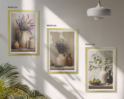 Set of 3 framed wall art pieces Flowers in vases olives decorations