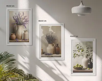 Set of 3 framed wall art pieces featuring flowers in vases and olive plant decorations