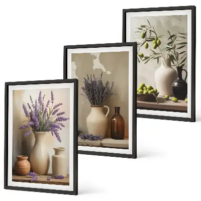 Set of 3 framed wall art pieces featuring flowers in vases and olive plant decorations
