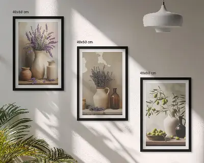 Set of 3 framed wall art pieces featuring flowers in vases and olive plant decorations