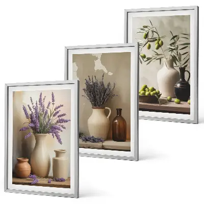 Set of 3 framed wall art pieces featuring flowers in vases and olive plant decorations