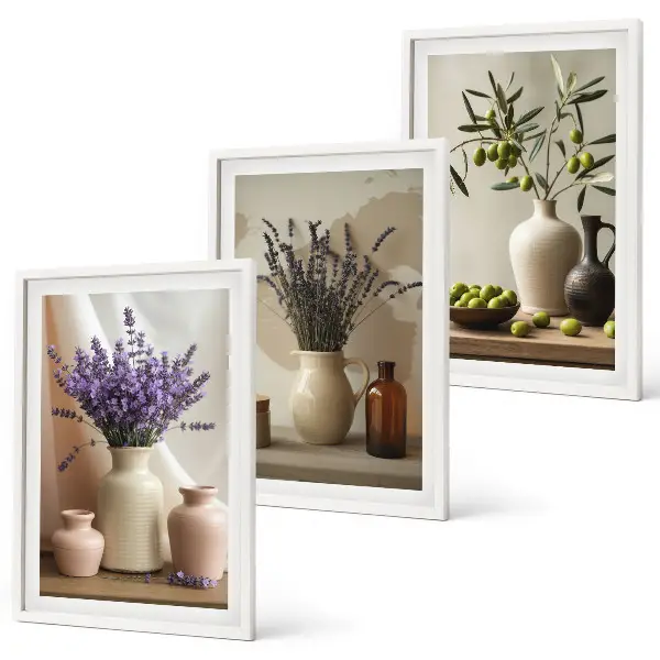 Three-piece wall art set featuring lavender flowers and olive vessels