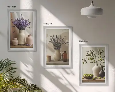 Three-piece wall art set featuring lavender flowers and olive vessels