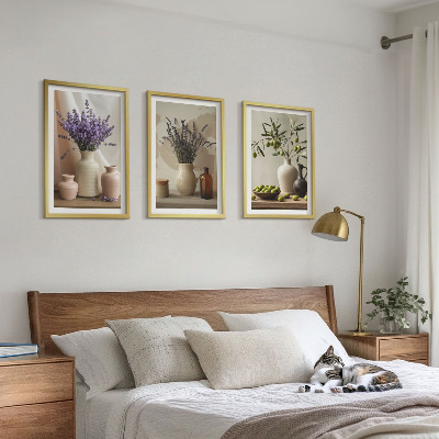 Three-piece wall art piece Lavender flowers olives vessels