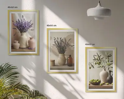 Three-piece wall art set featuring lavender flowers and olive vessels