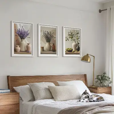 Three-piece wall art set featuring lavender flowers and olive vessels