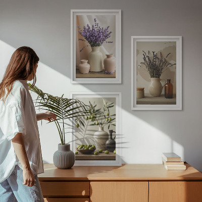 Three-piece wall art piece Lavender flowers olives vessels