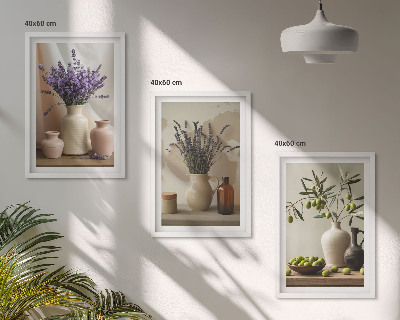 Three-piece wall art piece Lavender flowers olives vessels