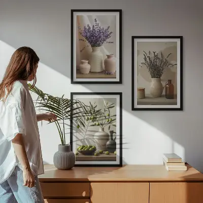 Three-piece wall art set featuring lavender flowers and olive vessels