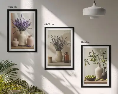 Three-piece wall art set featuring lavender flowers and olive vessels