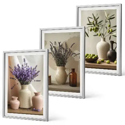 Three-piece wall art set featuring lavender flowers and olive vessels