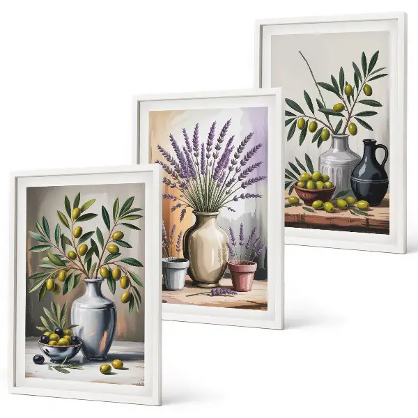 Set of 3 framed wall art pieces featuring olive flowers in vases