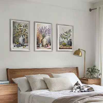 Set of 3 framed wall art pieces featuring olive flowers in vases