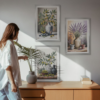 Set of 3 framed wall art pieces Olive flowers in vases in the background