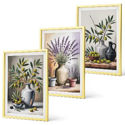 Set of 3 framed wall art pieces featuring olive flowers in vases